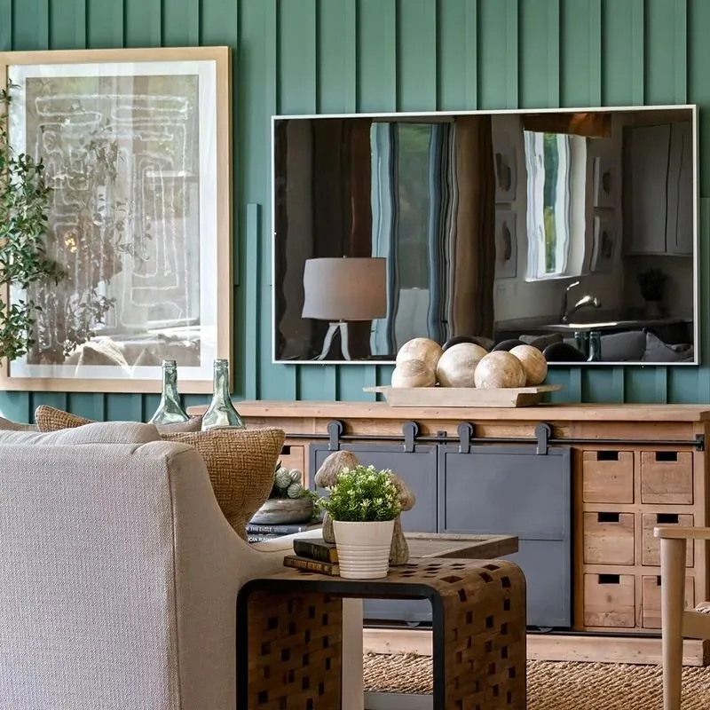 Living room with green vertical panelling