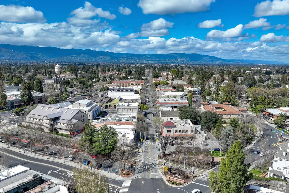 Aerial view down Campbell Avenue in downtown Campbell with the water tower at left