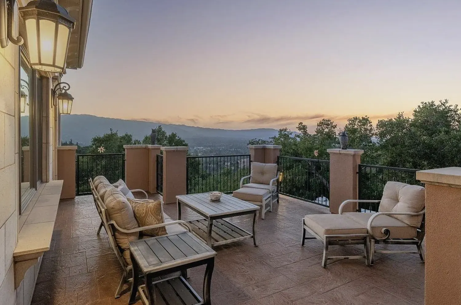 Terrace at 15315 Santella Court looking out over the Santa Clara Valley at dusk